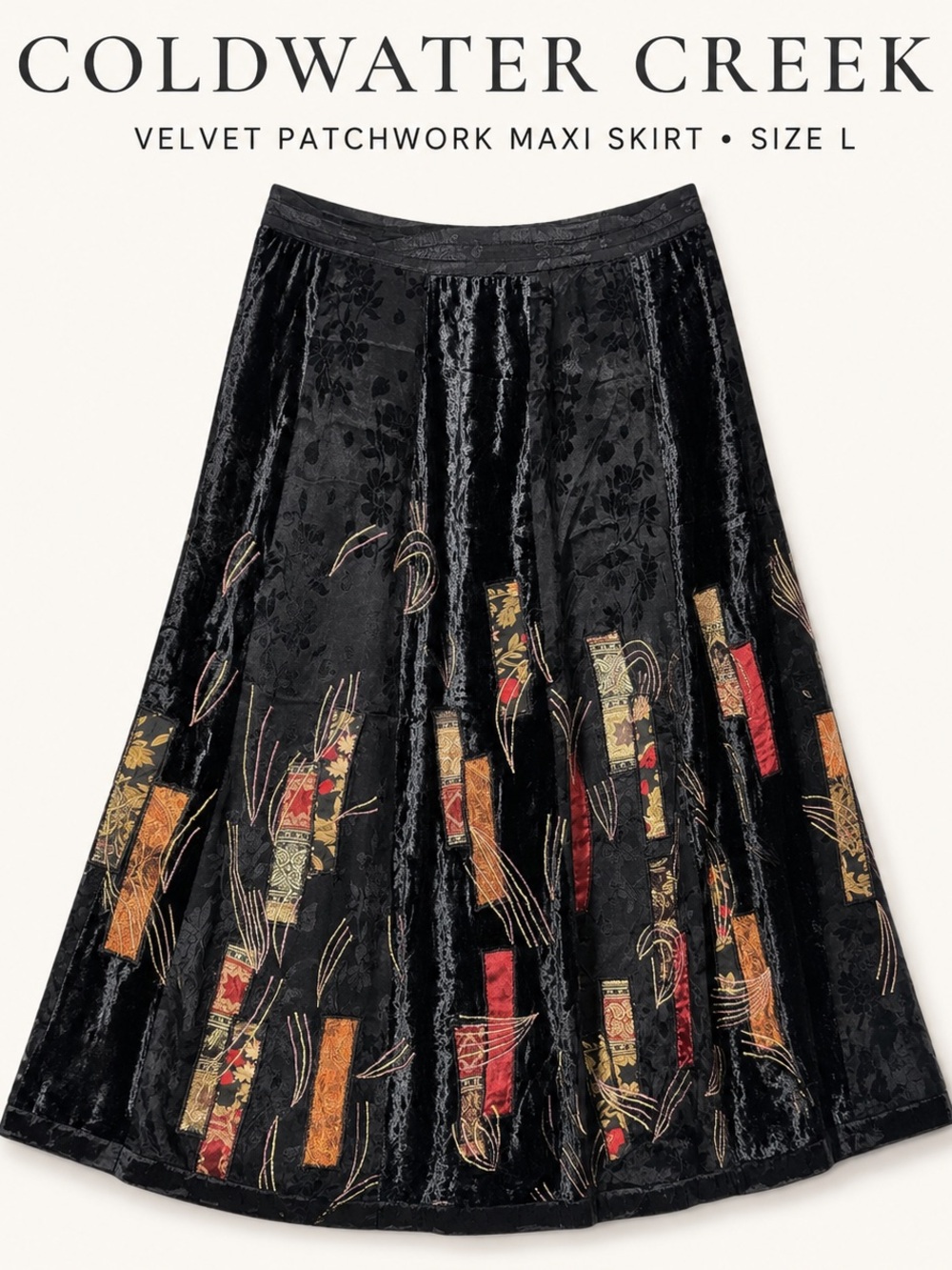 Coldwater Creek Black Velvet Patchwork Maxi Skirt with Accent Panels
